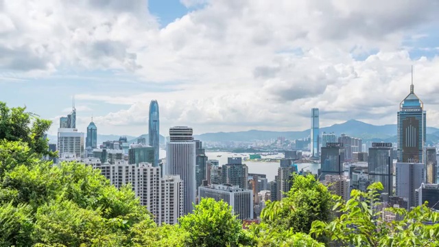 延时摄影中国香港中环金钟山顶，维多利亚港，城市风光，国际金融贸易视频素材