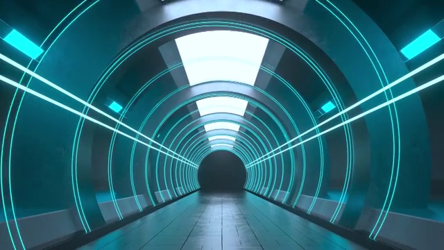 前进在蓝色霓虹灯光隧道 3D渲染视频素材