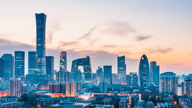 中国北京CBD建筑群高视角风光日转夜延时摄影视频素材