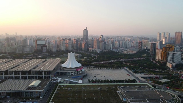广西南宁国际会展中心日落航拍视频素材