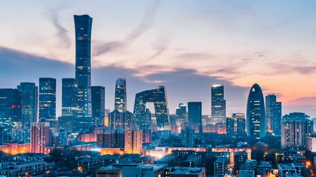 中国北京CBD建筑群高视角风光日转夜延时摄影视频下载