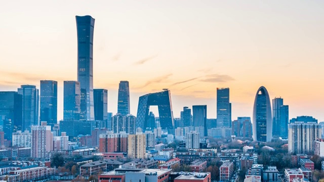 中国北京CBD建筑群高视角风光日转夜延时摄影视频素材