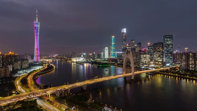 延时摄影记录广州猎德大桥与珠江两岸的广州塔、珠江新城日转夜视频素材