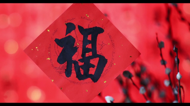 充满中国新年气氛的福字春联在闪亮闪亮的背景前视频素材