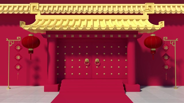 打开中国风古典宫门 3D渲染视频素材