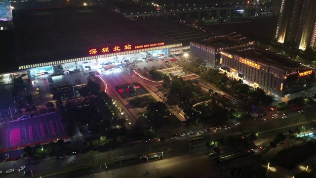 广东省深圳市龙华区深圳北站夜景航拍视频素材