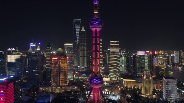中国上海陆家嘴夜景从近到远航拍视频素材