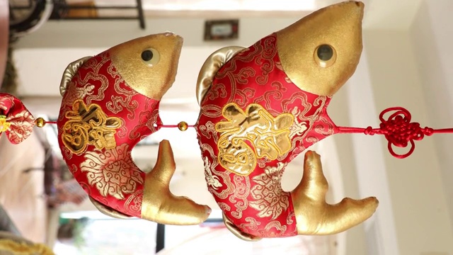 住宅内部悬挂的中国春节新年传统装饰物年年有余视频素材