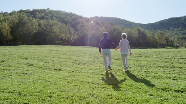 快乐的老年夫妇手牵手散步视频素材