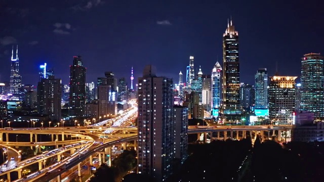 航拍视角下的上海夜景延安高架桥陆家嘴4K高清视频视频素材