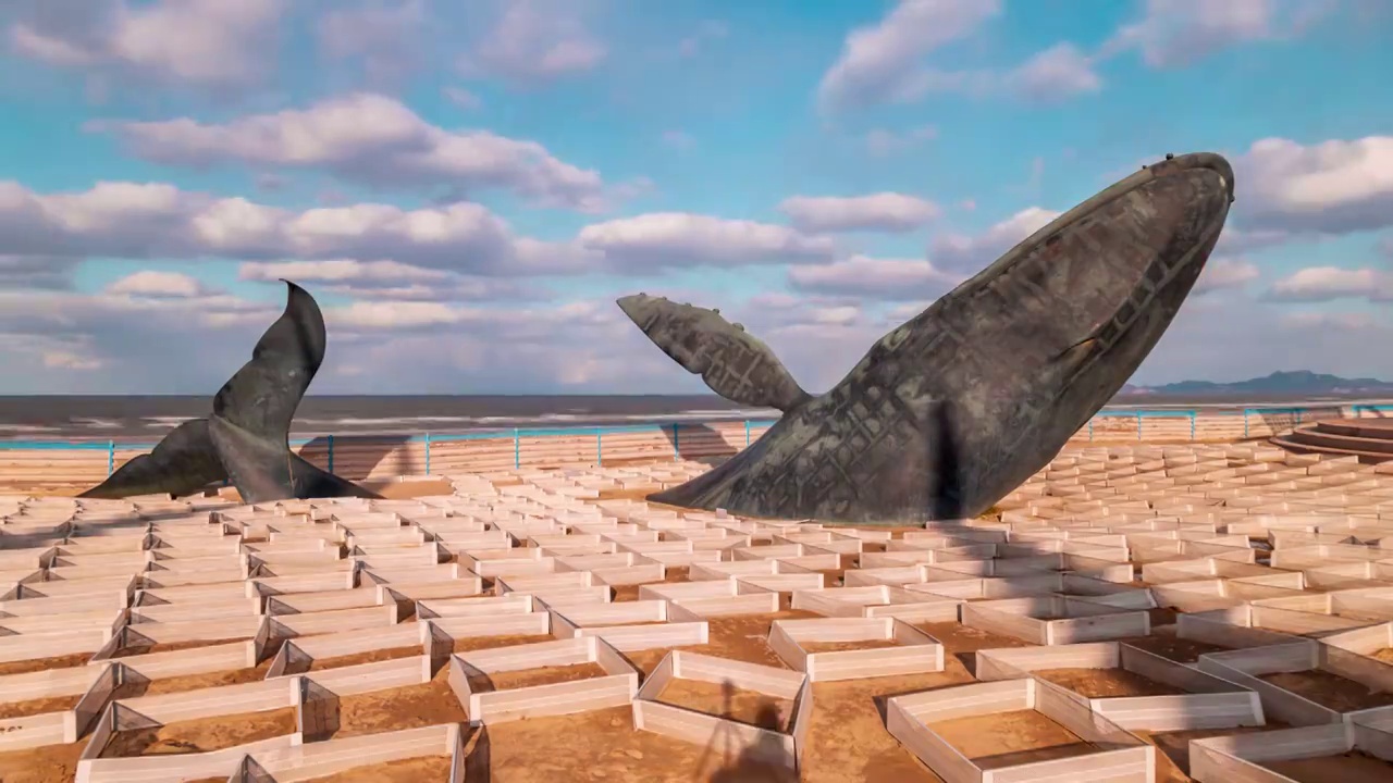 4K延时视频山东省烟台市开发区鲸鱼雕塑蓝天白云沙滩视频素材