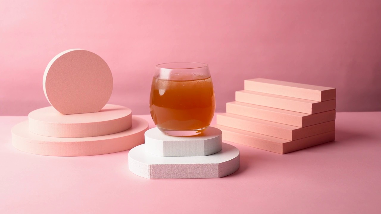 夏天粉红色纯色背景几何体一杯冰爽柠檬茶红茶视频素材