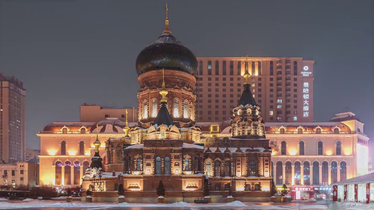 4K，哈尔滨，索菲亚教堂，地标建筑，四季变化，延时摄影视频下载