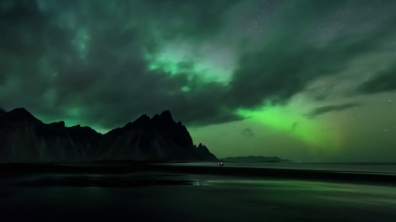 4K，极光，星空，欧洲，北欧，冰岛，蝙蝠山，大海，梦幻视频素材