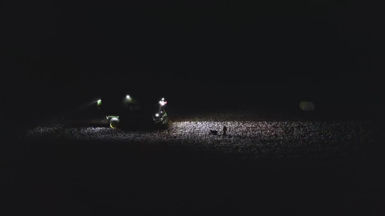 航拍夜晚作业的采棉机棉花收割场景视频素材