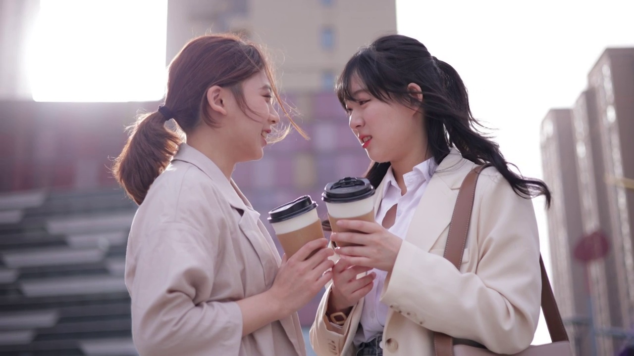 两个女孩在街头聊天视频素材