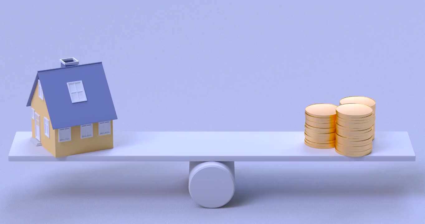 3D跷跷板上的住房和货币视频下载