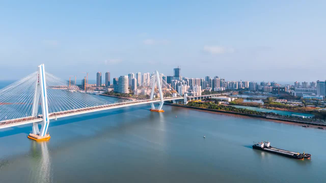 中国海南海口海甸河世纪大桥高视角晴天延时摄影视频素材