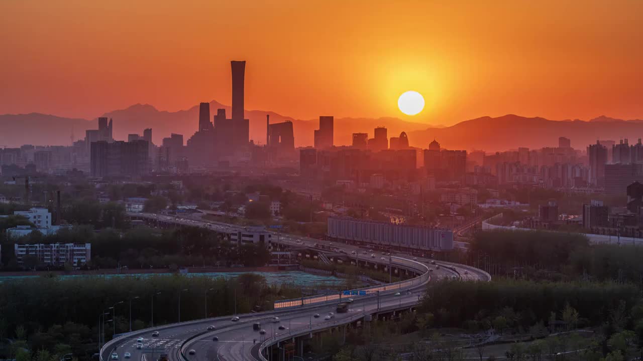 傍晚北京城市天际线日落日转夜延时视频视频素材