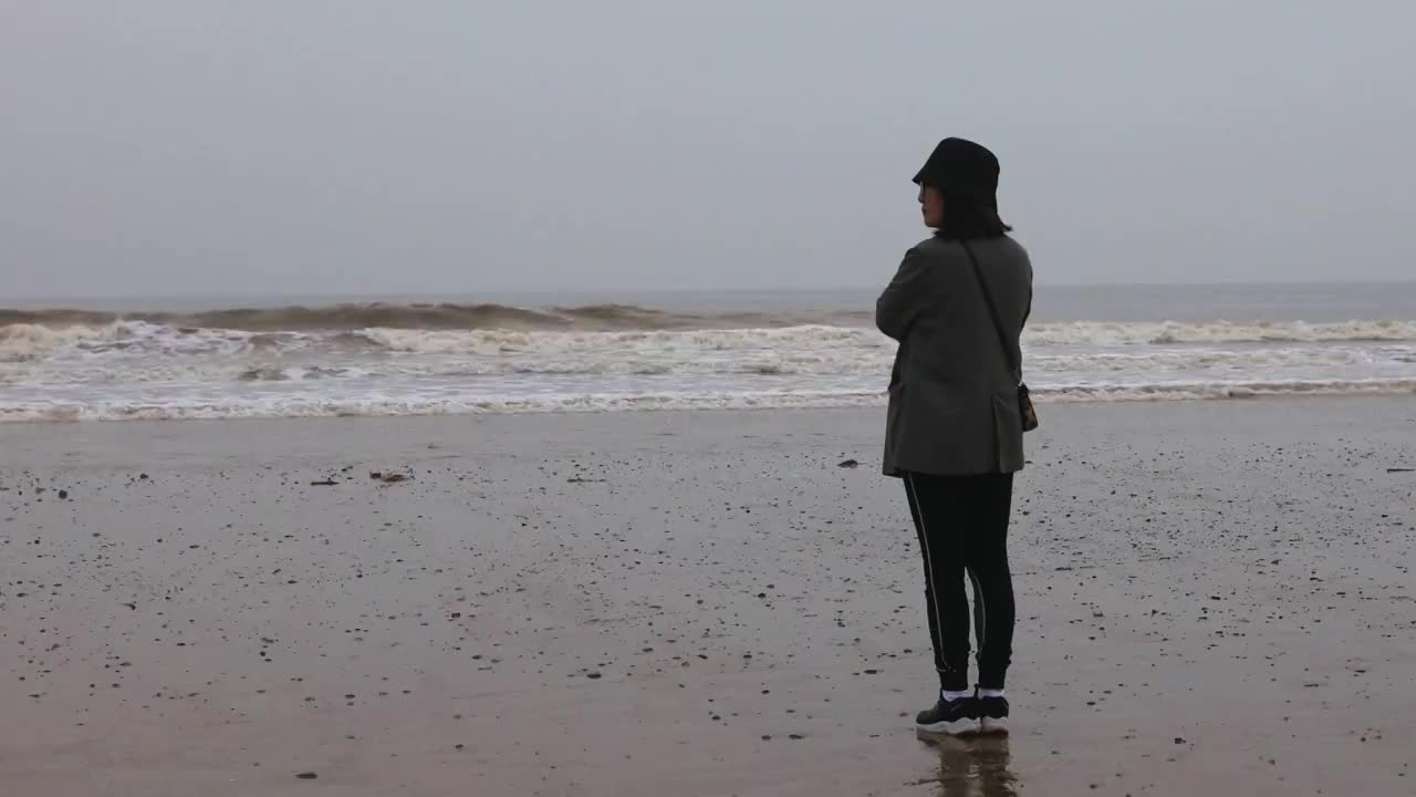 黄昏傍晚站在海边看风景思考的女人背影视频素材