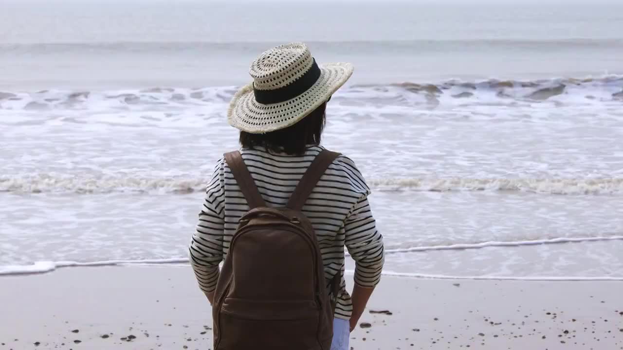 站在海边看风景的女人背影视频素材