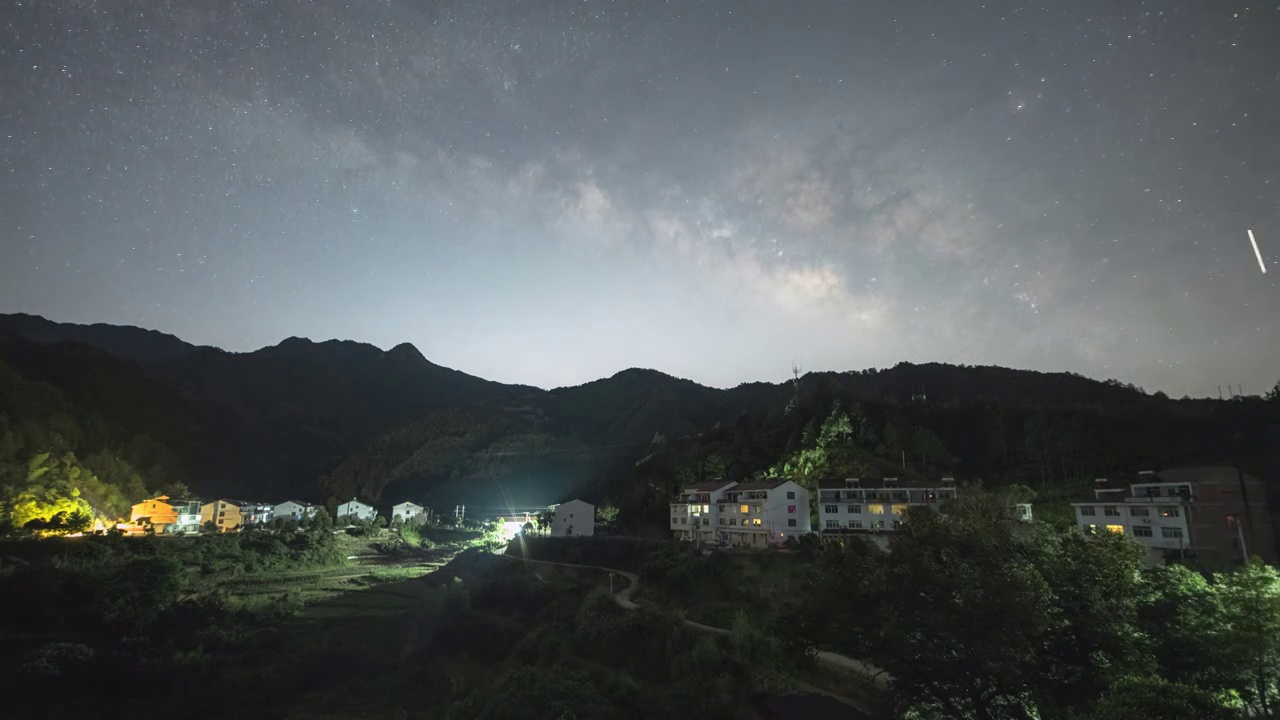 满天星星的乡村夜晚银河从村庄上方升起视频素材