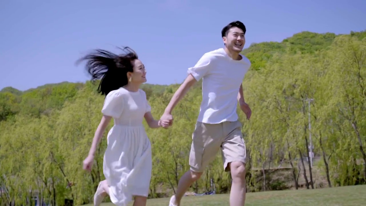 手牵手在草地上奔跑的快乐情侣视频素材
