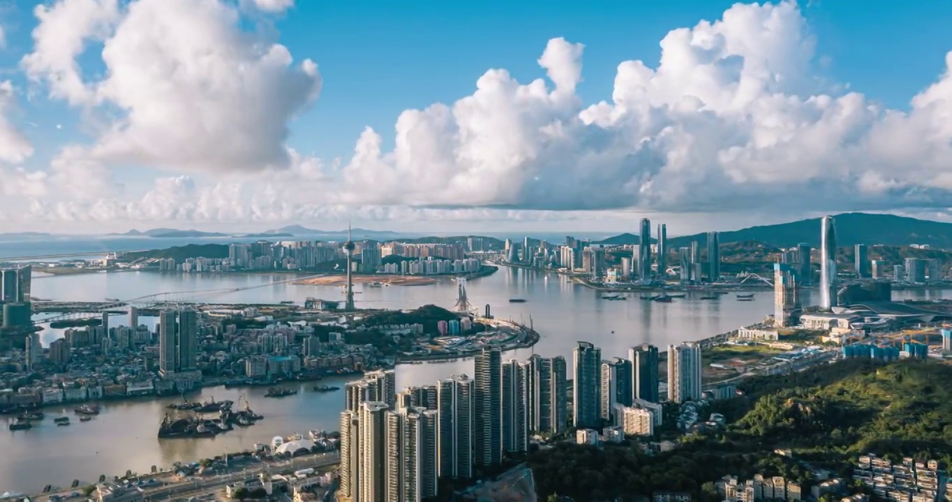 广东珠海横琴金融岛与澳门城市风光延时视频下载