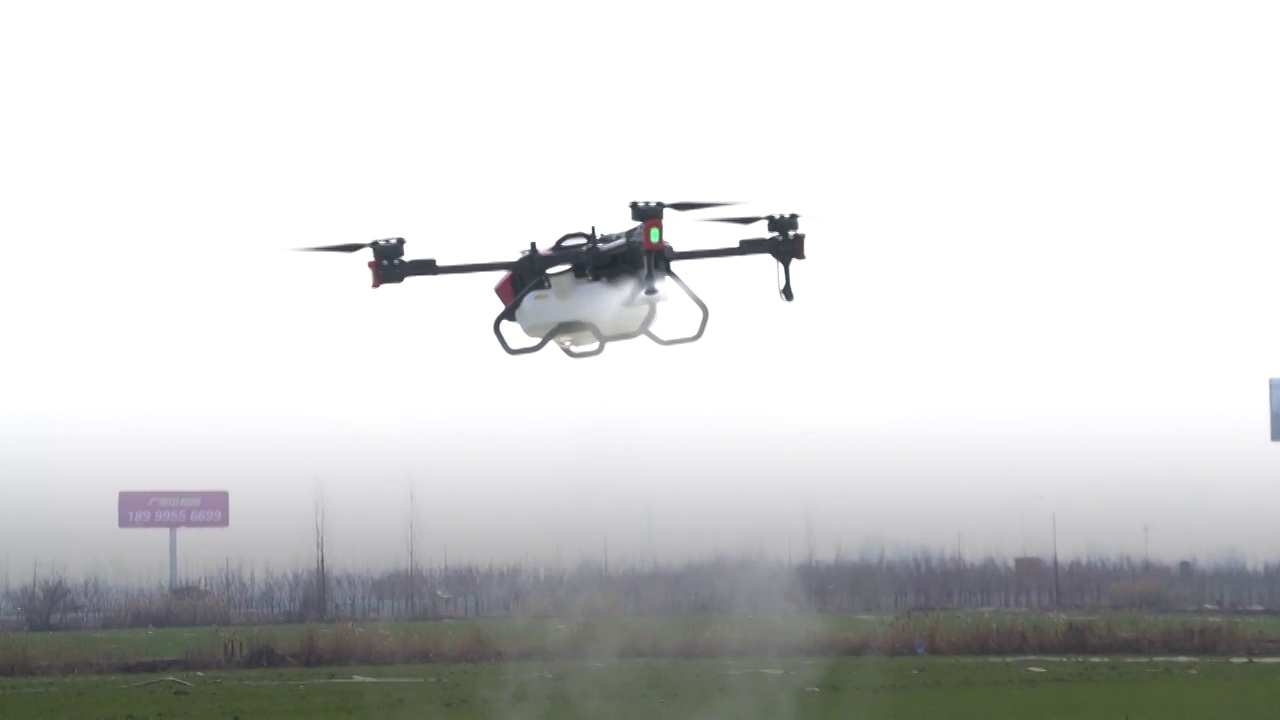 中国农村无人机在农田上方喷洒农药视频素材