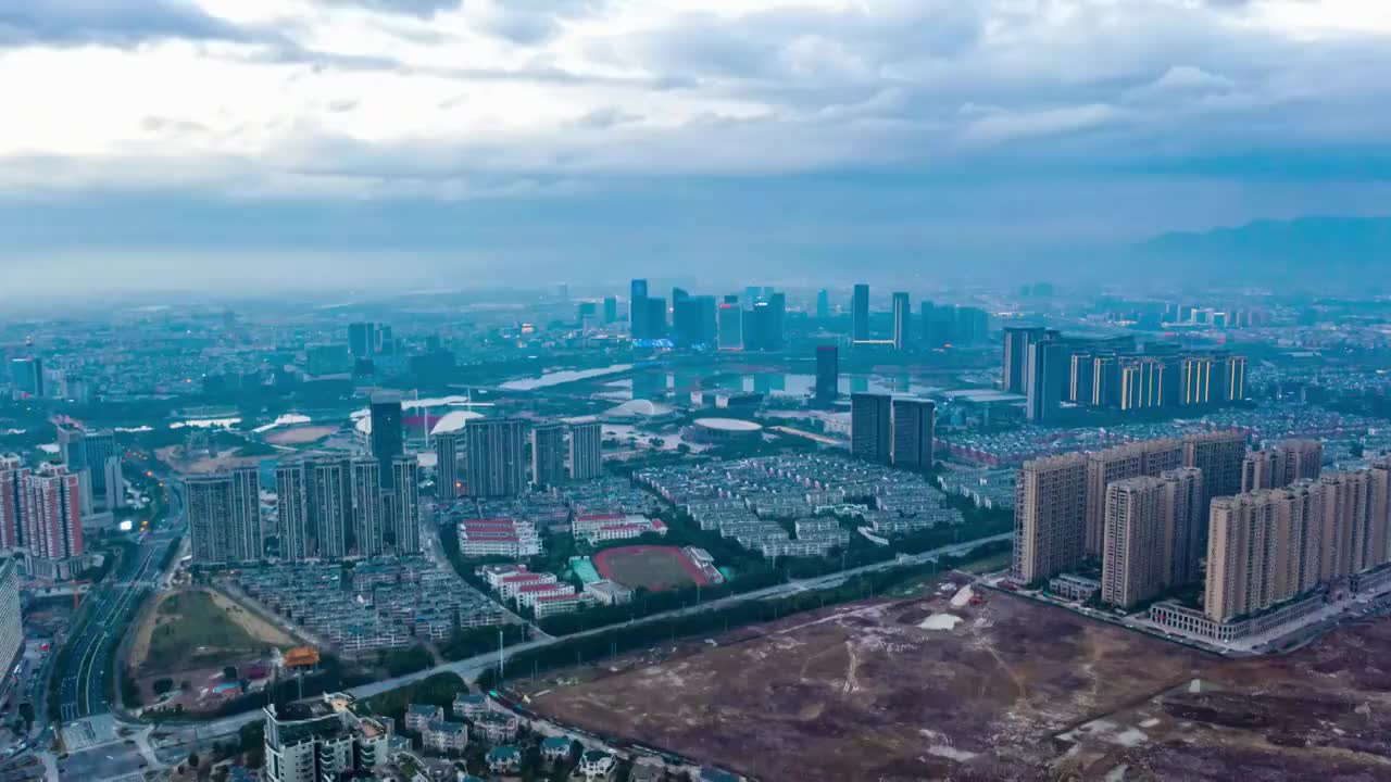 浙江义乌江东城市夜景风光4K延时航拍视频素材