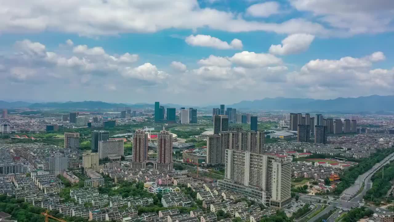 浙江义乌夏季城市地标风光4K延时航拍短片视频素材