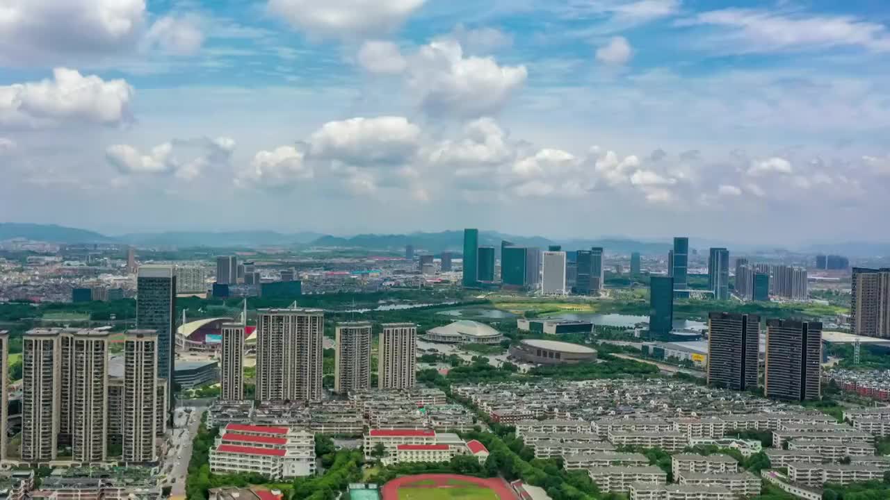 浙江义乌夏季都市地标风光4K延时航拍短片视频素材