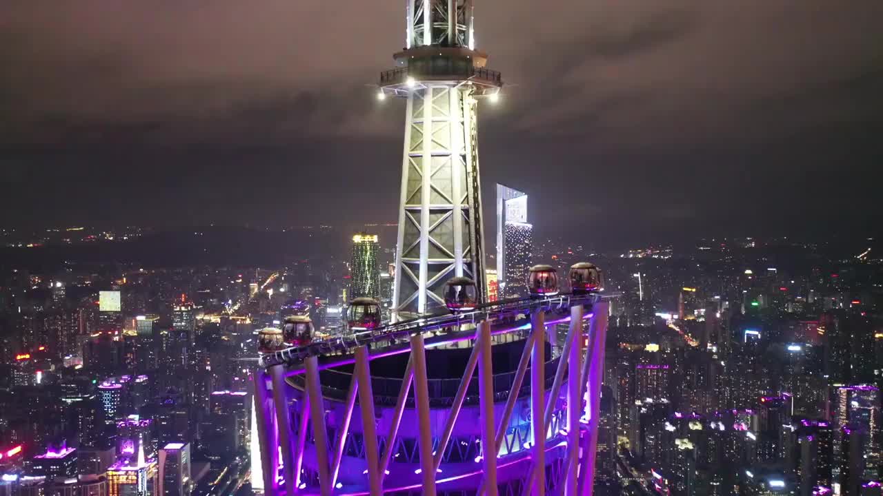 中国广东省广州市广州塔夜景航拍视频素材