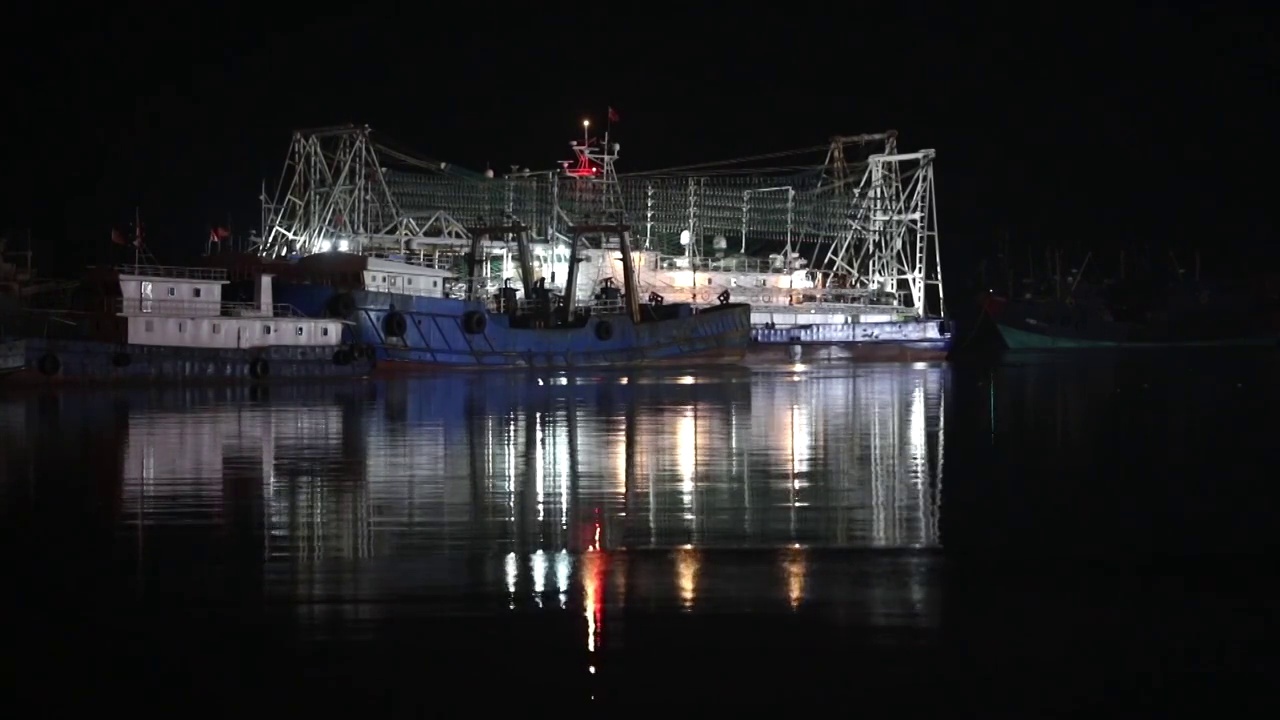 海南三亚崖州中心渔港夜间停泊的船只视频素材