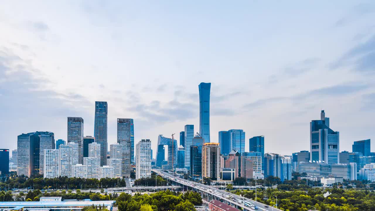 中国北京国贸CBD建筑群风光日转夜延时摄影视频素材