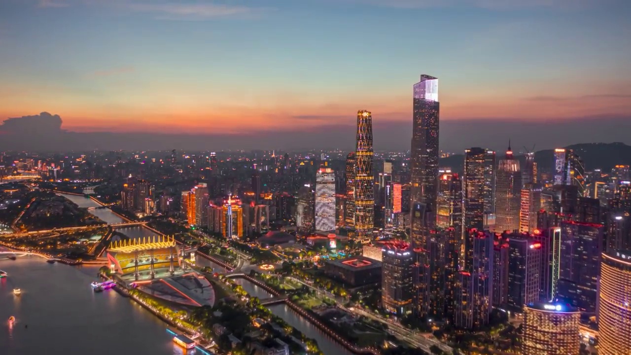 珠江新城夜景航拍晚霞城市风光CBD都市延时摄影视频素材