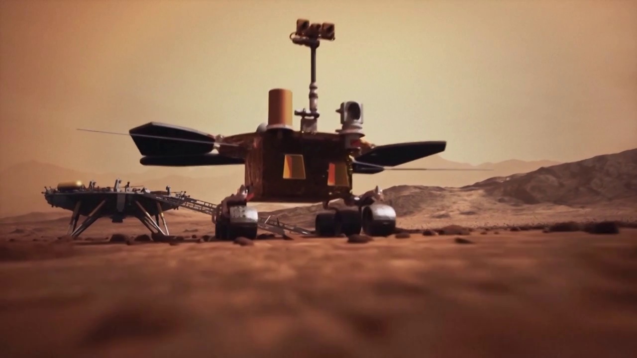 火星探测器在火星地形上移动的动画视频素材