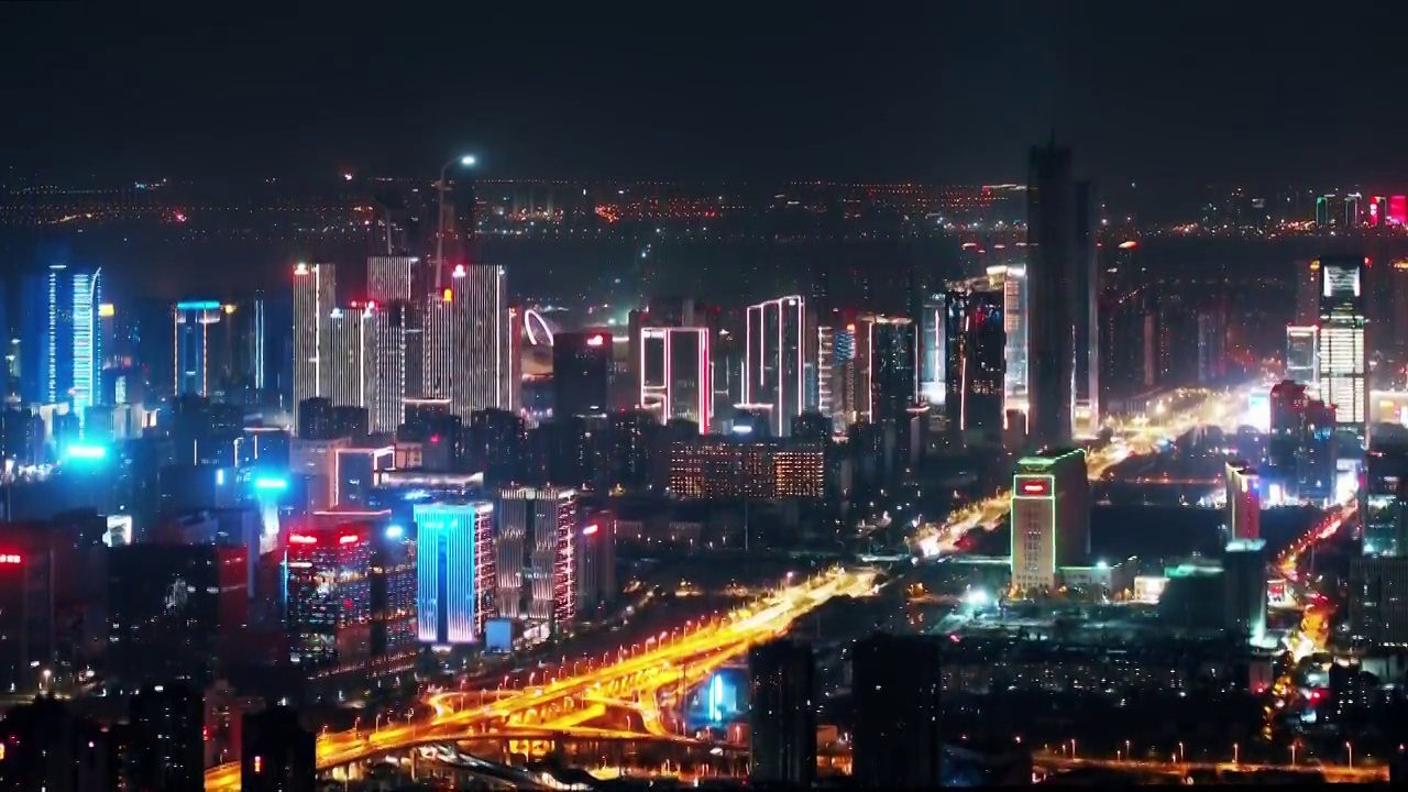 南京金融城立交长焦航拍繁华夜景视频下载