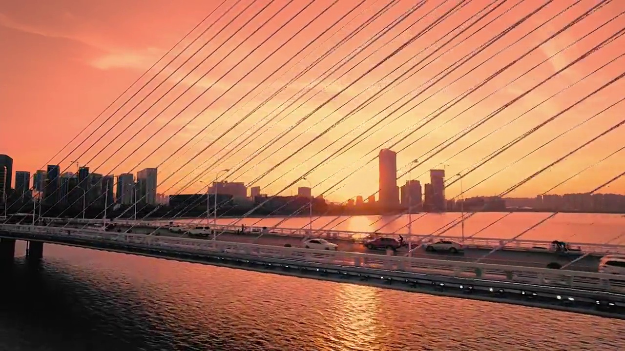 航拍西安浐灞欧亚大桥夕阳唯美风光视频下载