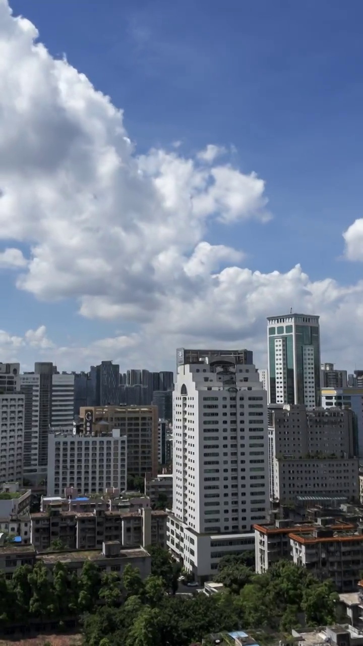 蓝天白云城市建筑群背景大范围移动延时视频素材