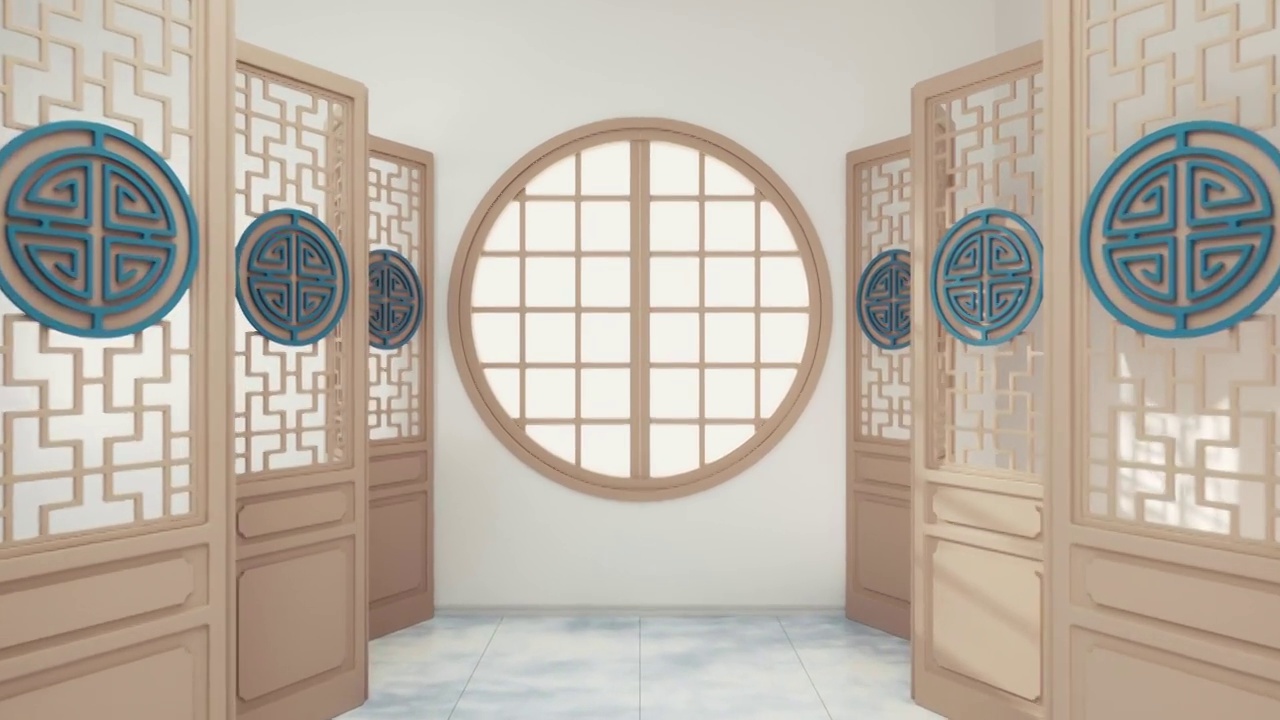 打开窗穿过中国风装饰室内3D渲染视频下载