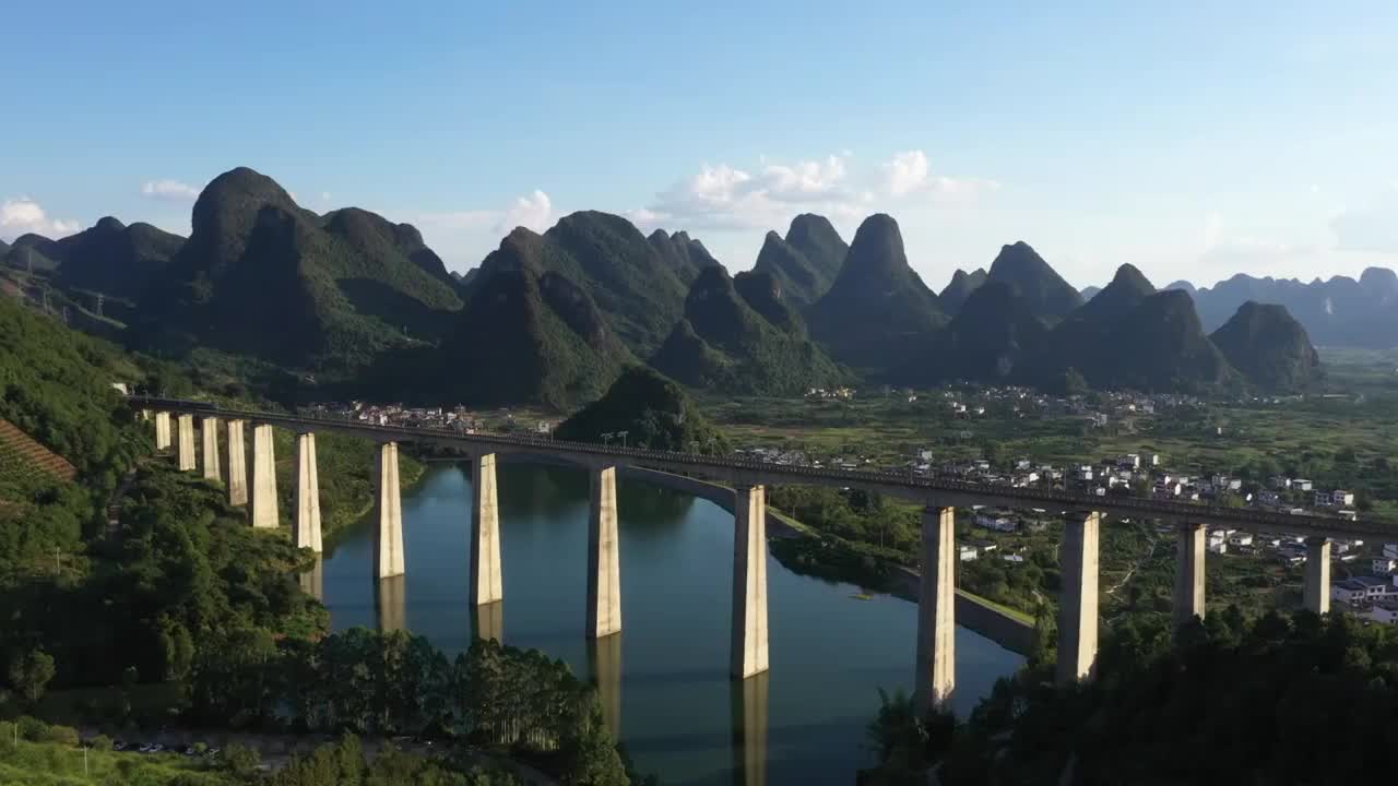 蓝天下桂林阳朔兴坪高架桥上行驶的高速列车视频素材
