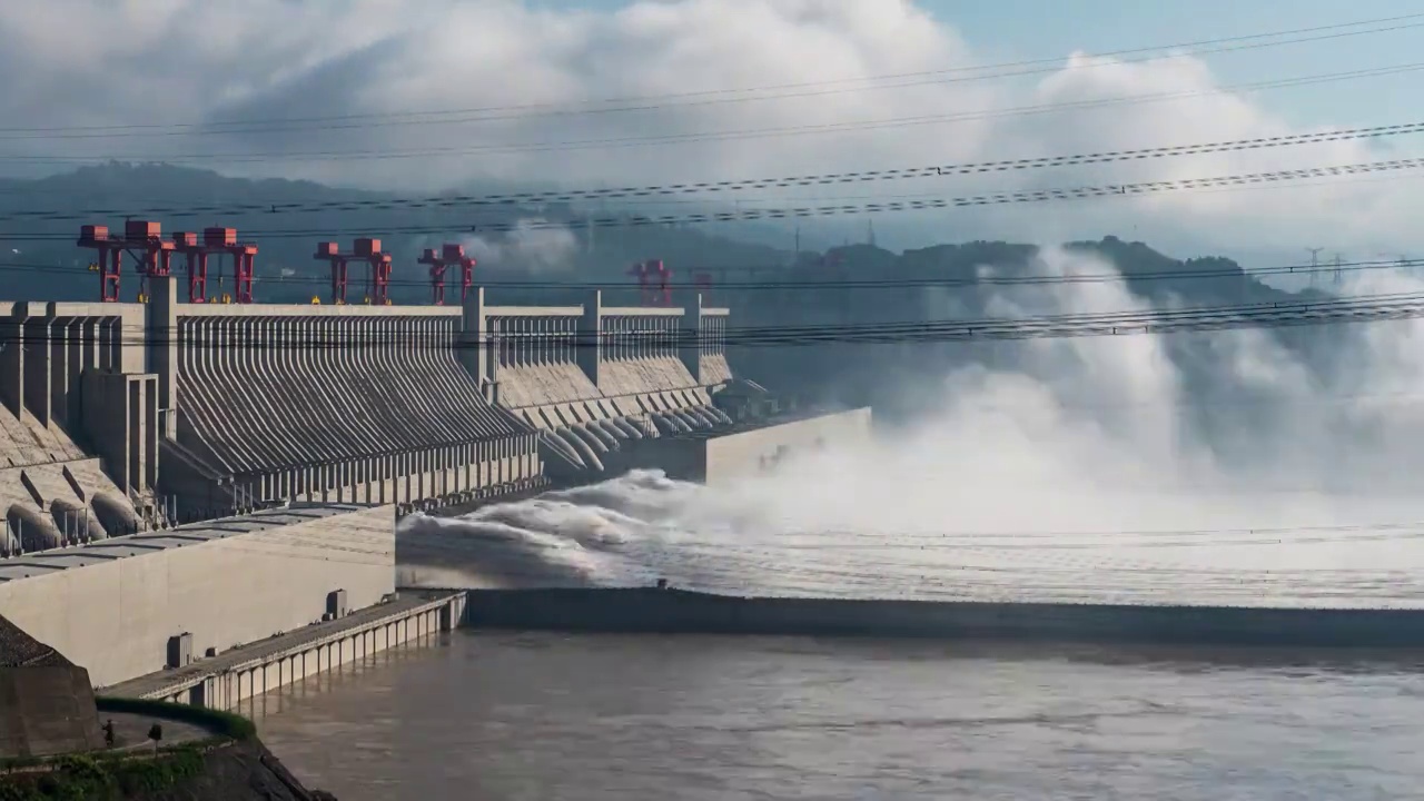 中国长江三峡大坝泄洪景观广角固定机位延时摄影视频素材