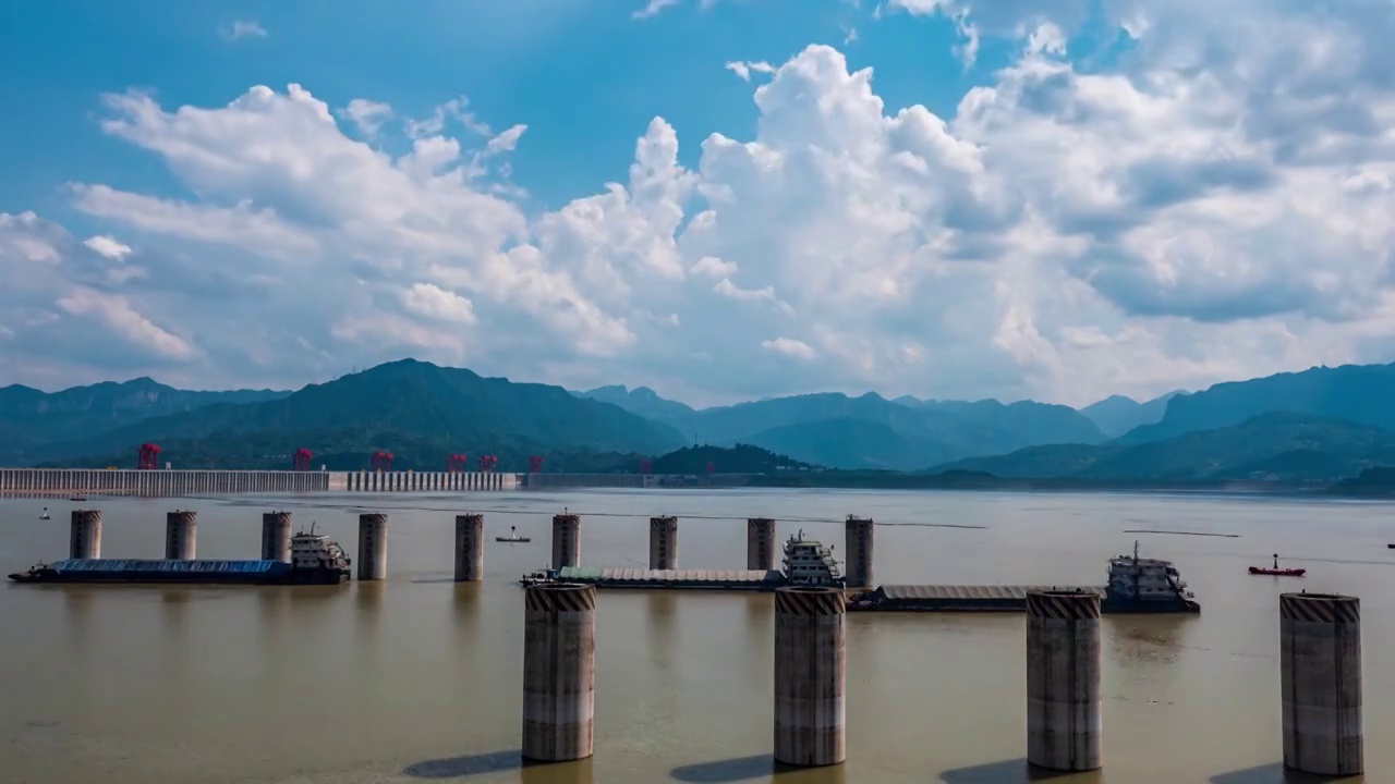 长江三峡大坝上游风光广角固定机位延时摄影视频下载