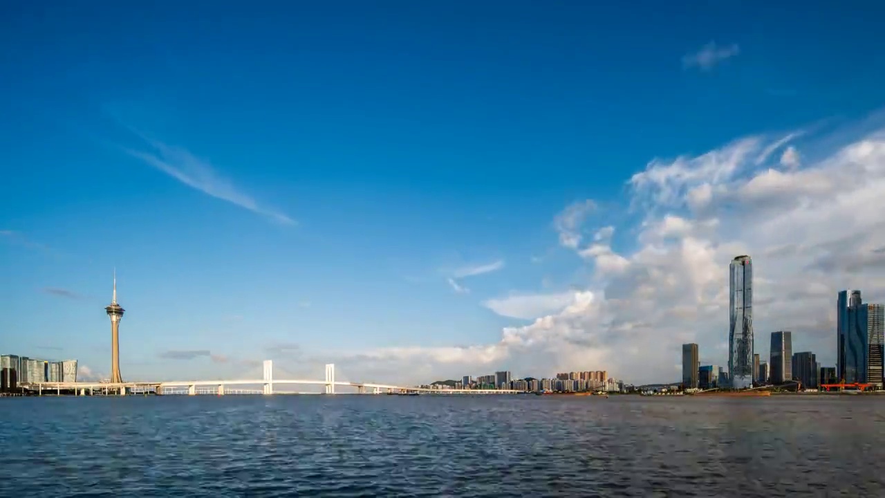 珠海横琴商务区-澳门滨水城市天际线视频下载