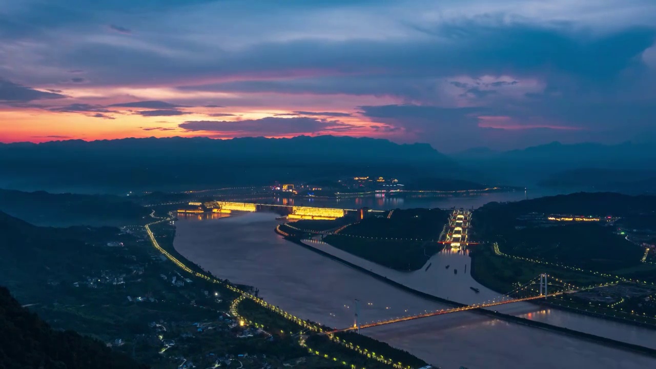 长江三峡大坝日落广角固定机位延时摄影视频素材