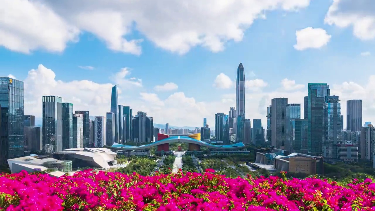 广东深圳市中心蓝天白云下的城市天际线风光视频素材