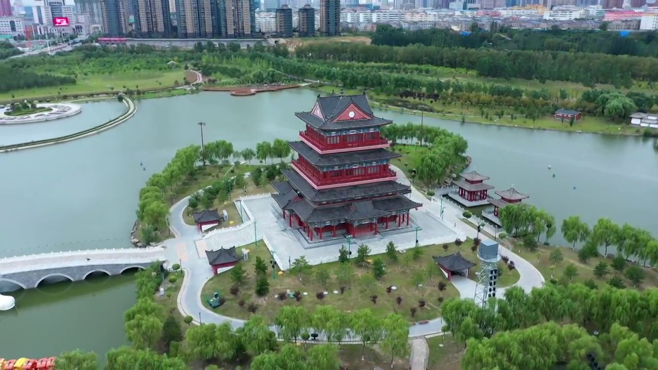陕西省榆林市榆溪河生态长廊 湖心岛古塔4K航拍视频视频素材