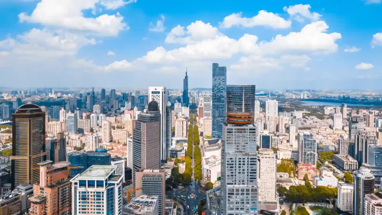 中国江苏南京中山路高楼城市天际线延时摄影航拍视频素材