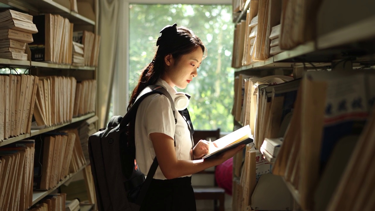 一个亚洲美女大学生在图书馆书架前阅读书籍视频下载